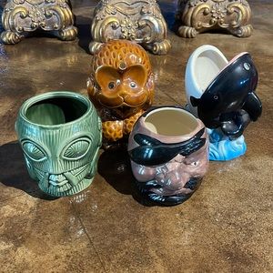 Set of 4 Tiki Glasses - Pirate, Monkey, Alien & Whale
